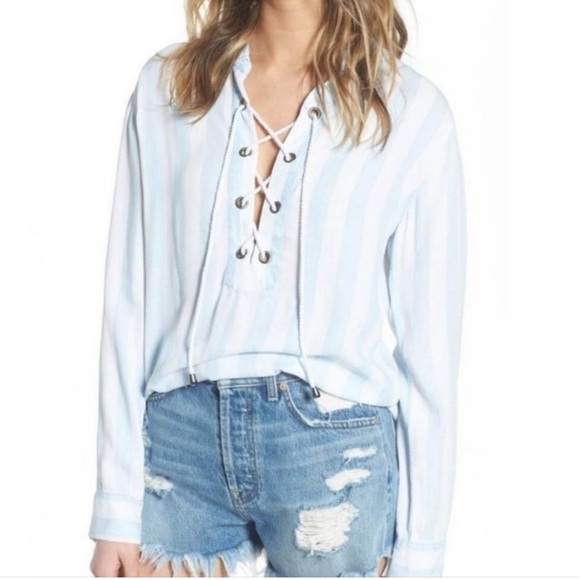 Rails Tops - Rails Uni Light Blue and White Striped Lace-Up Blouse XS